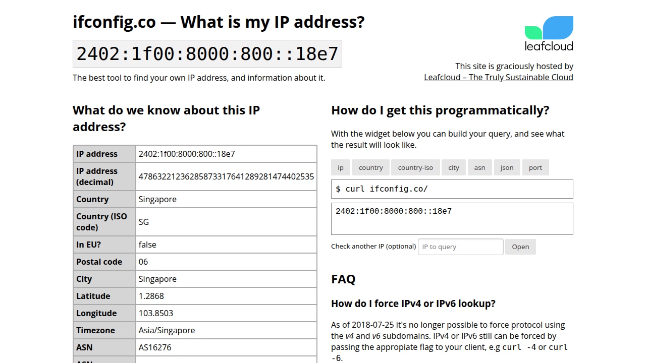 Capture ifconfig.co depuis Singapour