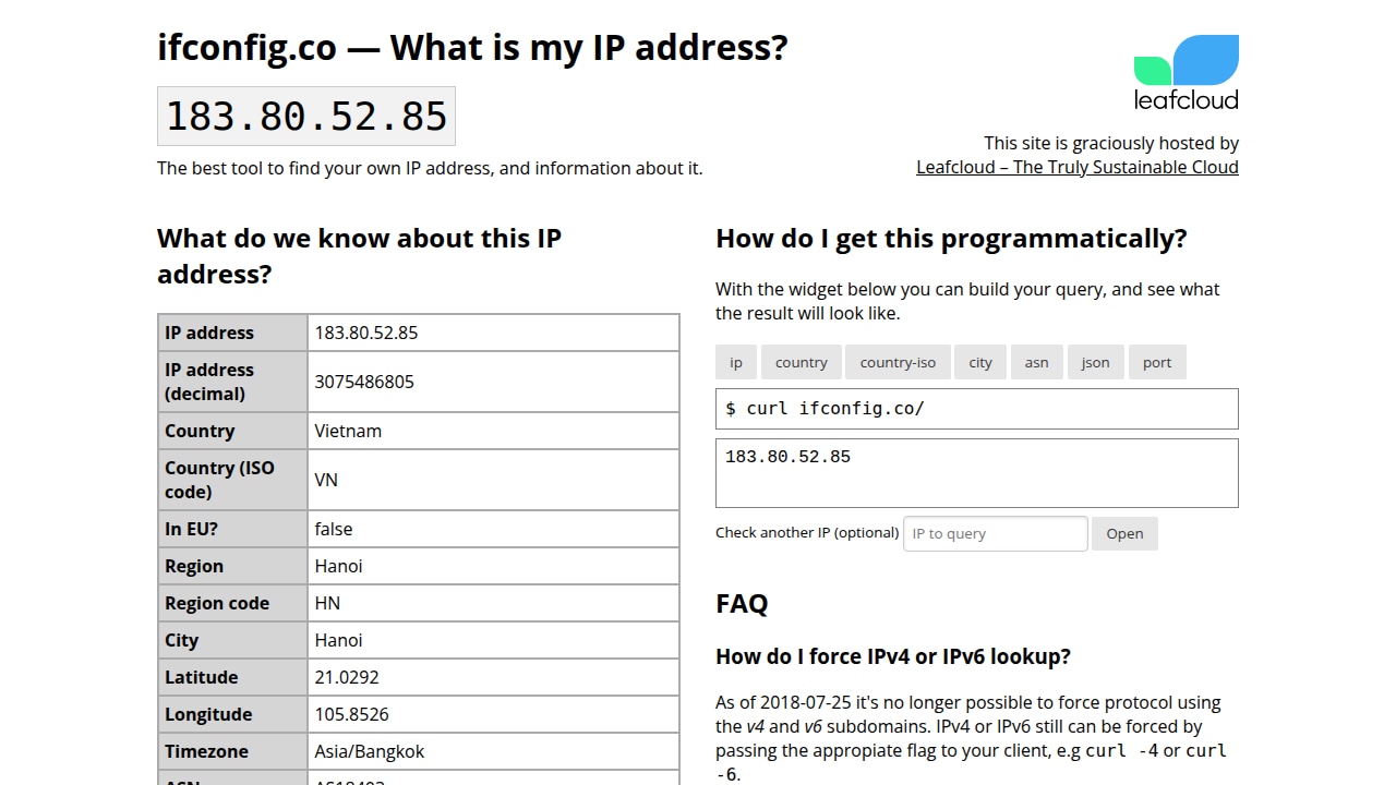 Capture ifconfig.co depuis Hanoï
