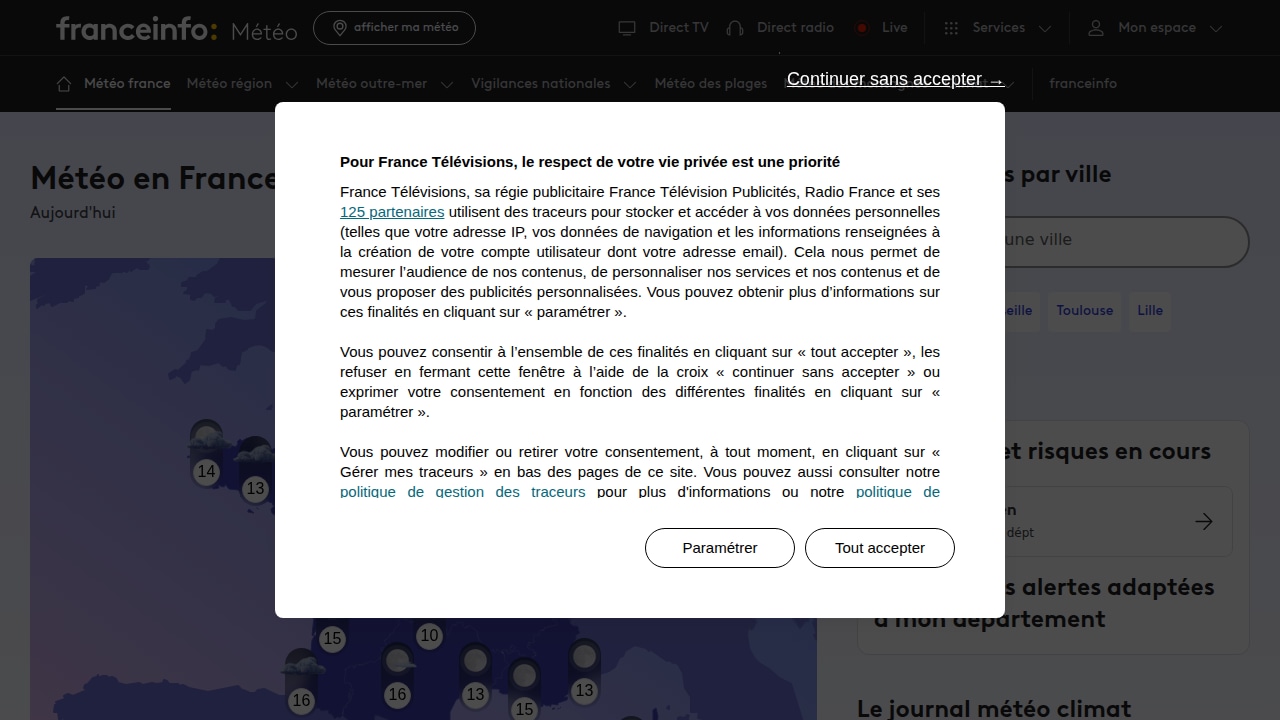 meteo.franceinfo.fr avec banni&egrave;re cookies