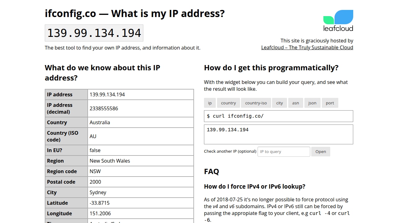 Capture ifconfig.co depuis Sydney